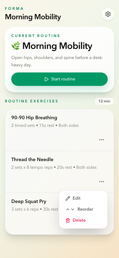 Forma routine screen with exercises and routine actions