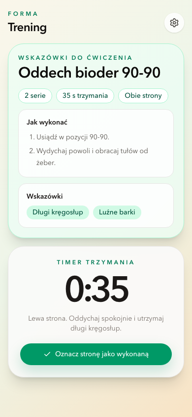 Ekran sesji treningowej Forma ze wskazówkami do ćwiczenia
